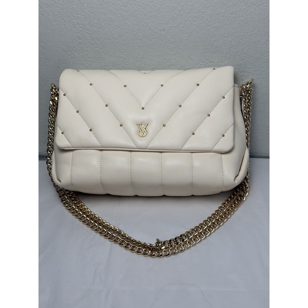 Victoria's Secret Medium Quilted Crossbody Bag Ivory White Gold Chain NWOT